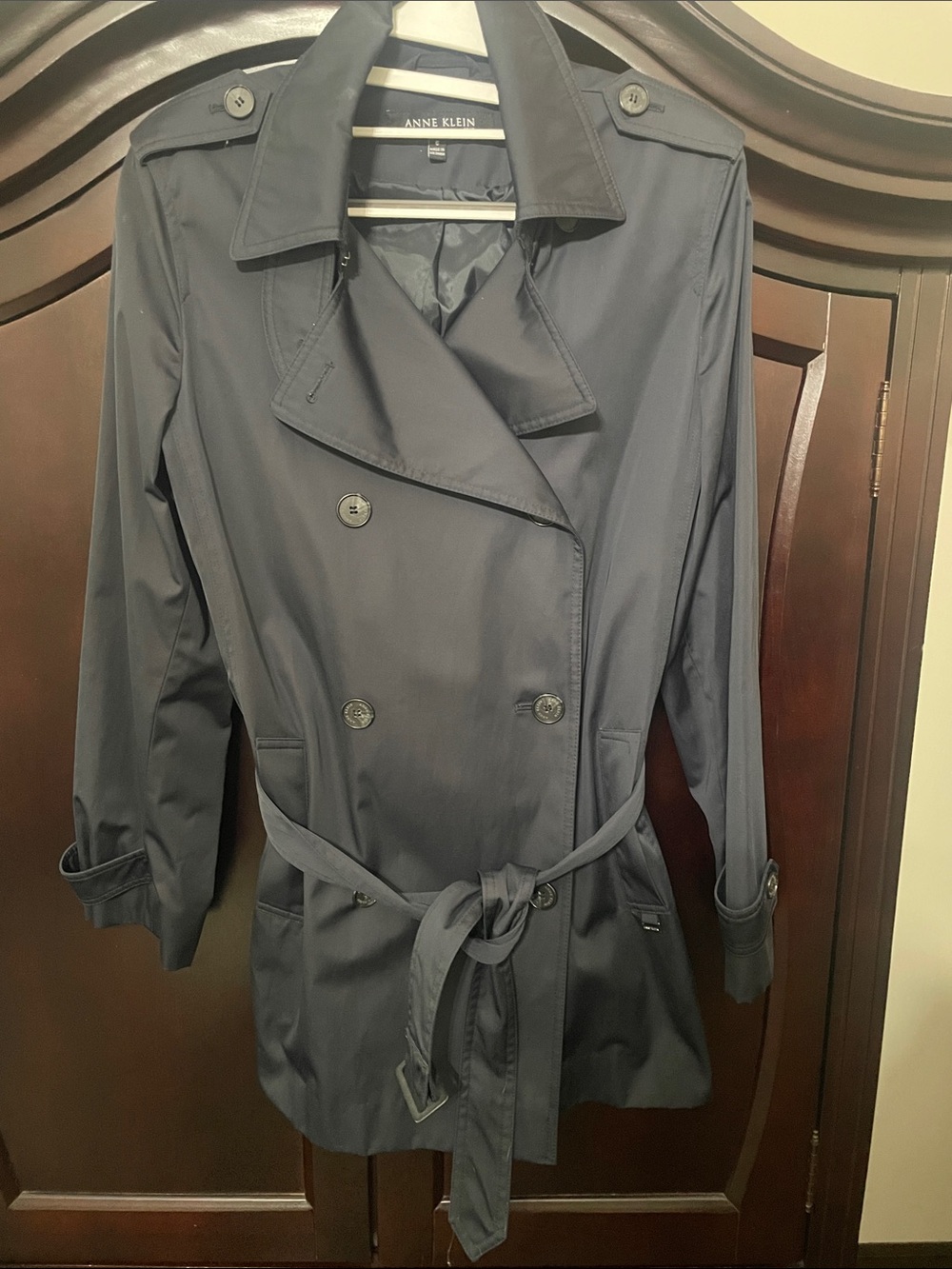 Anne Klein Navy Double-Breasted Trench with Self-Tie Belt